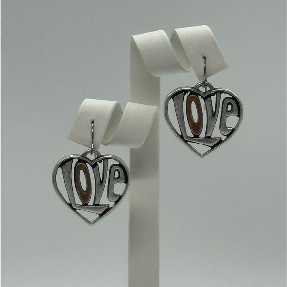 INC Silver Tone Dangling Earnings with Heart and “love” “O” in Brass color - Picture 1 of 5